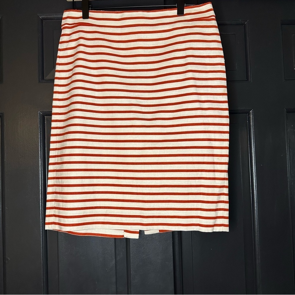 J. Crew Pencil Skirt Size 4 Linen Blend Red White Striped Lined Back Slit(g